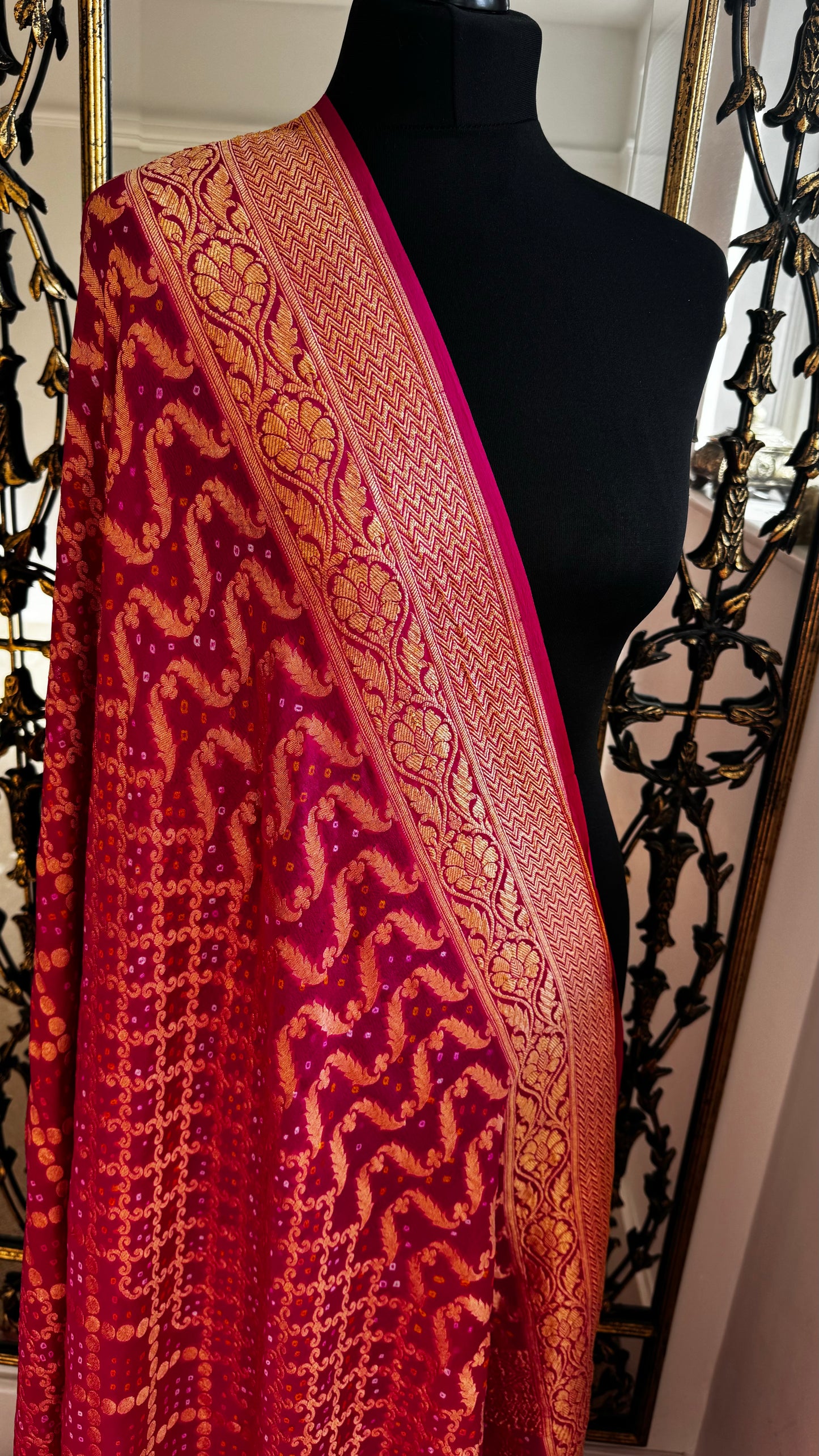 Hot pink Pure georgette handmade bandhani duputta