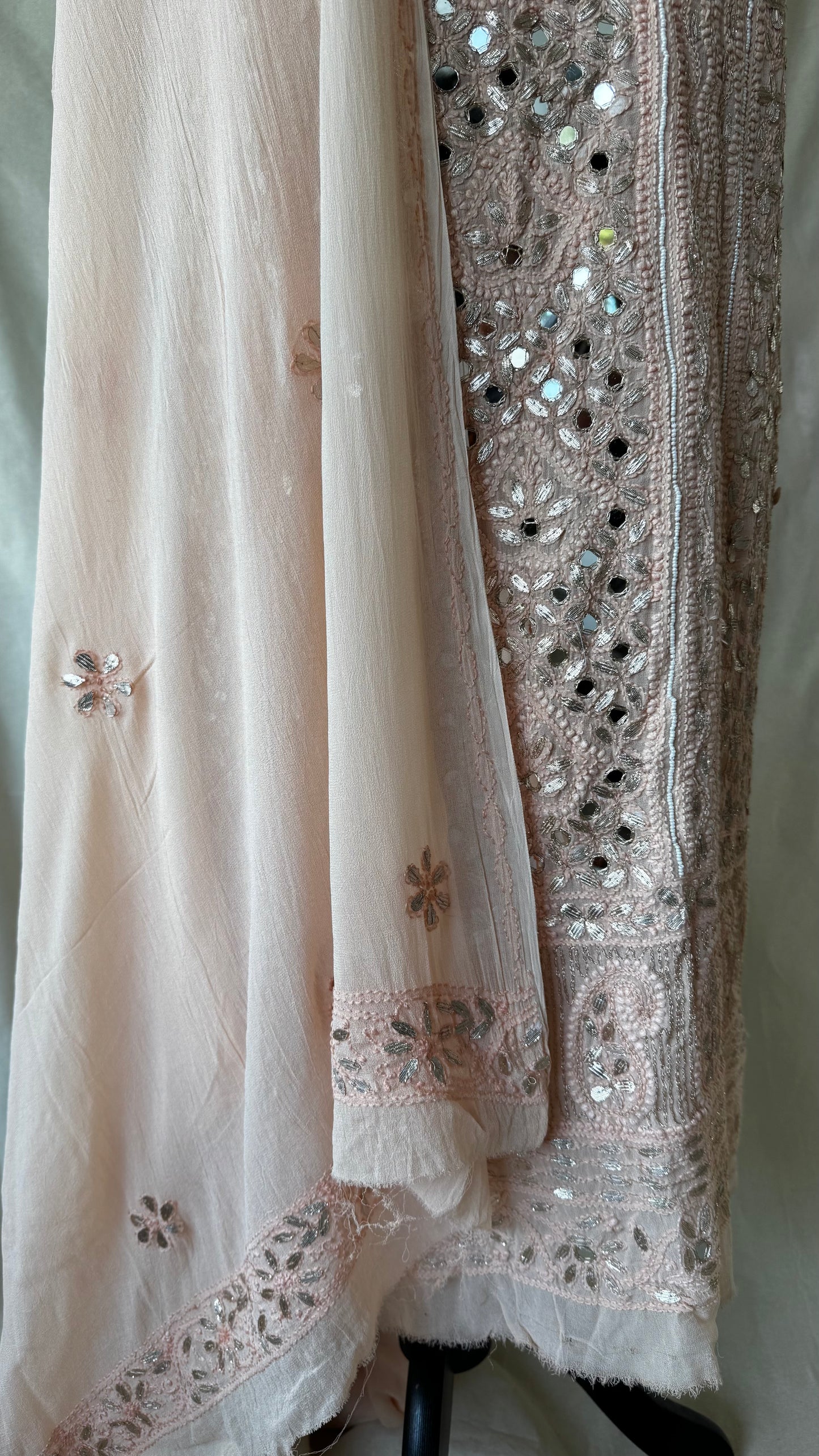 Peach | Hand finished Chikinkari 4 Piece Suit | Unstitched