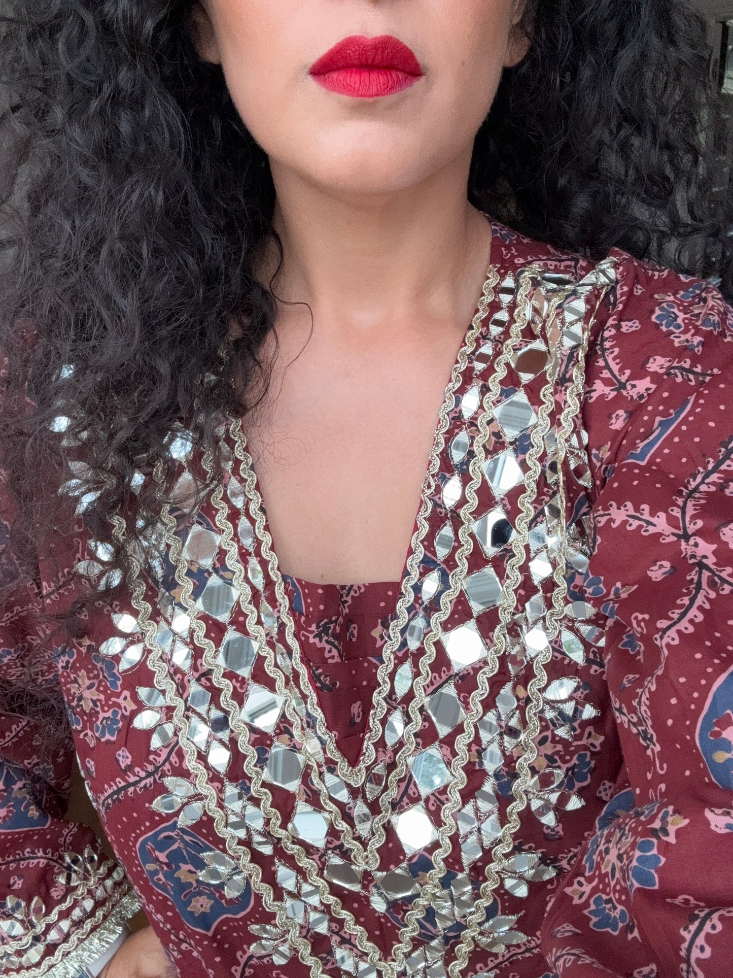 Real Mirror Work Printed Kaftan | Hand Embroidered/ Full Length