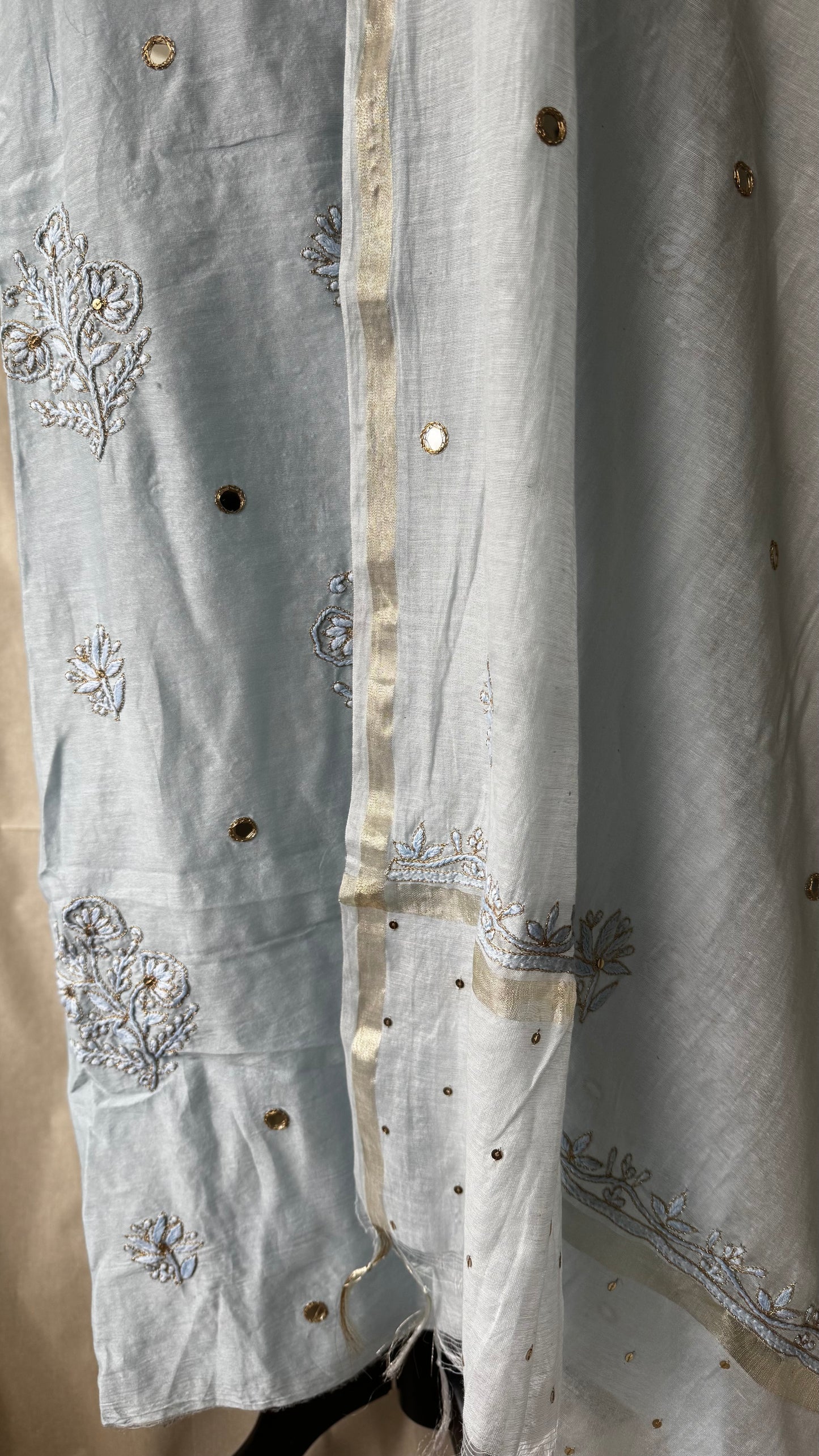 Ice Blue | Hand finished Chikinkari 4 Piece Suit | Unstitched