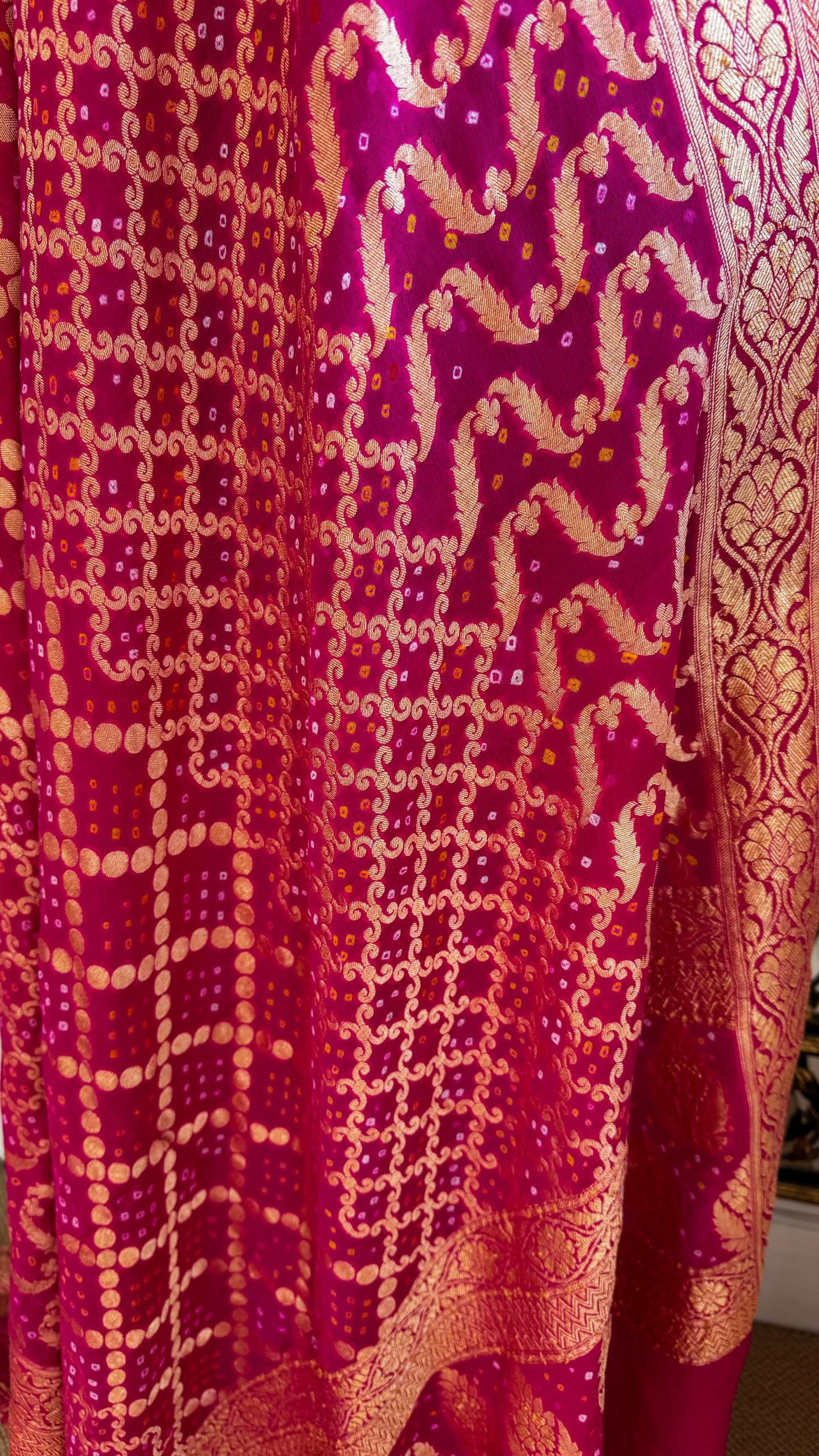 Hot pink Pure georgette handmade bandhani duputta