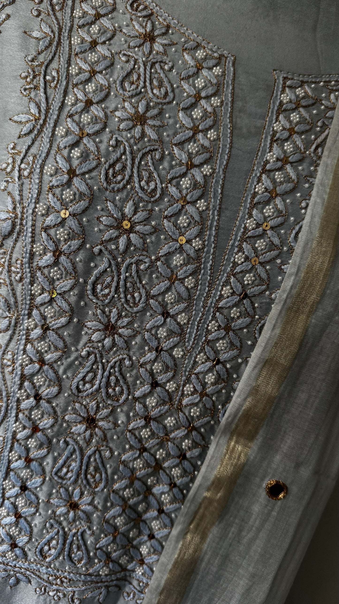 Ice Blue | Hand finished Chikinkari 4 Piece Suit | Unstitched