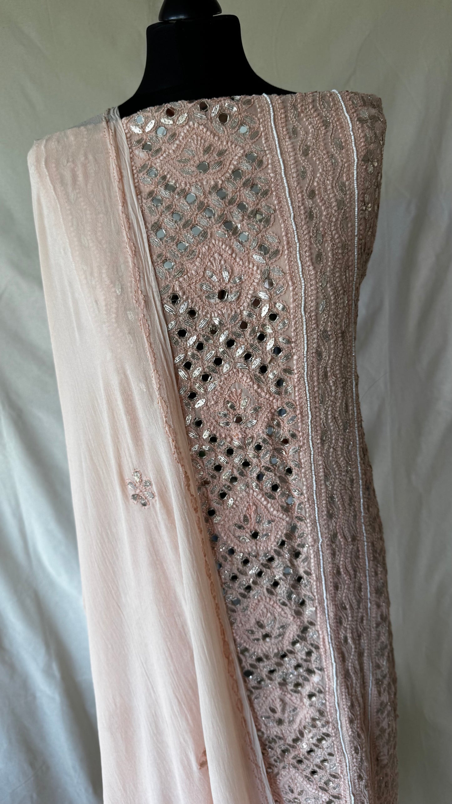Peach | Hand finished Chikinkari 4 Piece Suit | Unstitched