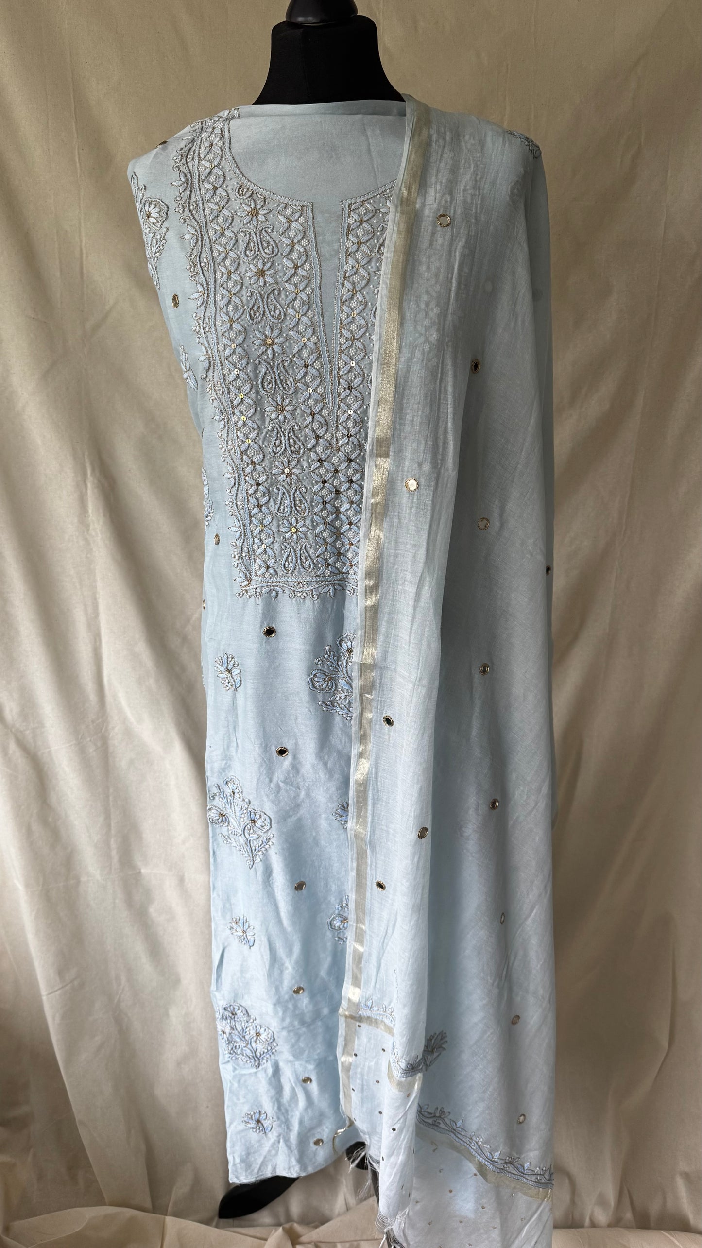 Ice Blue | Hand finished Chikinkari 4 Piece Suit | Unstitched