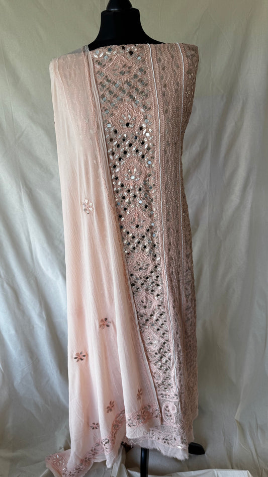 Peach | Hand finished Chikinkari 4 Piece Suit | Unstitched