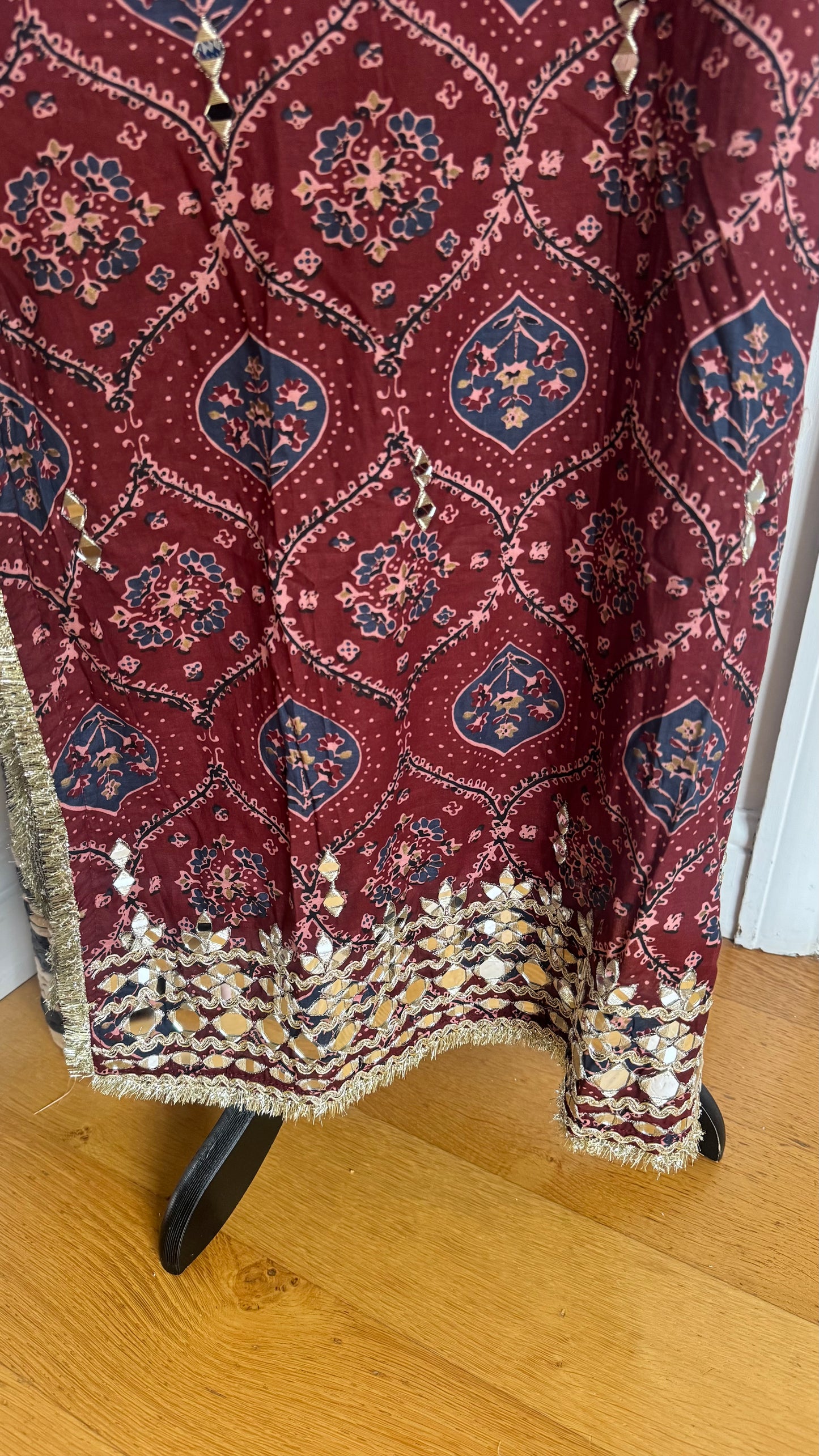 Real Mirror Work Printed Kaftan | Hand Embroidered/ Full Length