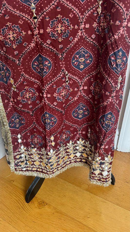 Real Mirror Work Printed Kaftan | Hand Embroidered/ Full Length