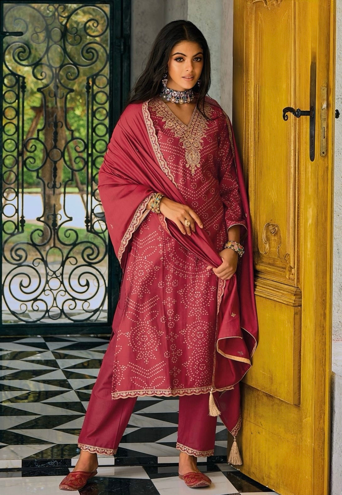 Red Bandhej Style 3 Piece Suit | Unstitched