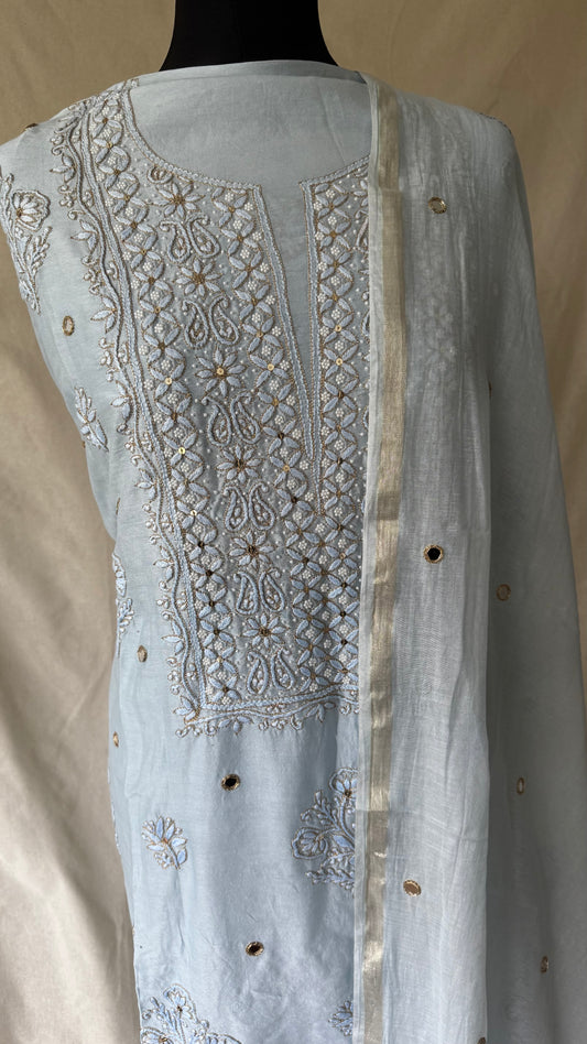 Ice Blue | Hand finished Chikinkari 4 Piece Suit | Unstitched