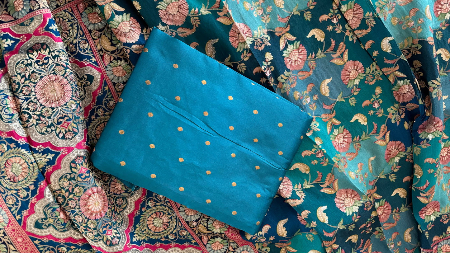 Printed Dola Silk Duputta with Teal Unstitched Suit