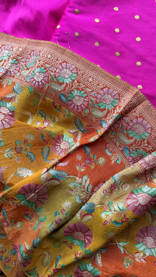 Dola Silka Yellow Duputta / Pink Silk Unstitched Suit