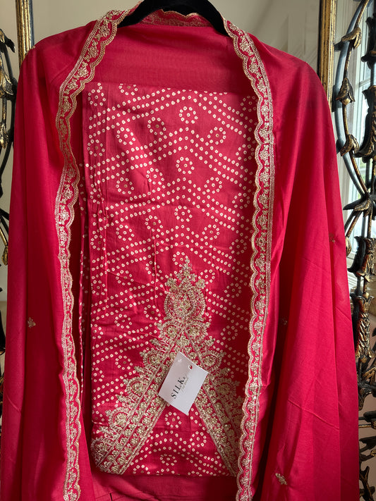 Red Bandhej Style 3 Piece Suit | Unstitched