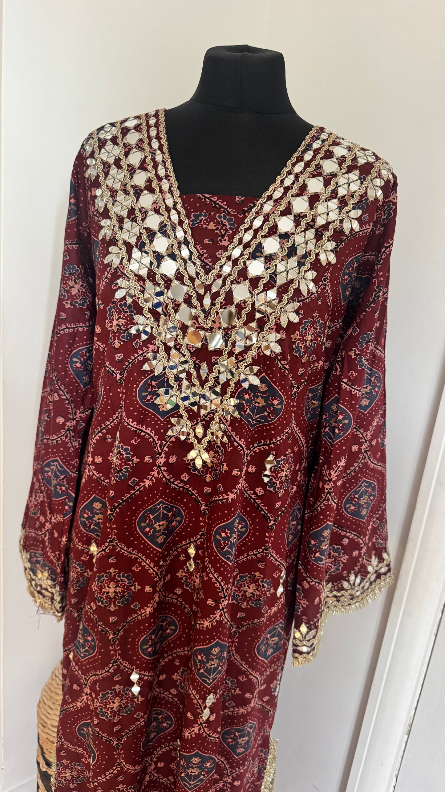 Real Mirror Work Printed Kaftan | Hand Embroidered/ Full Length