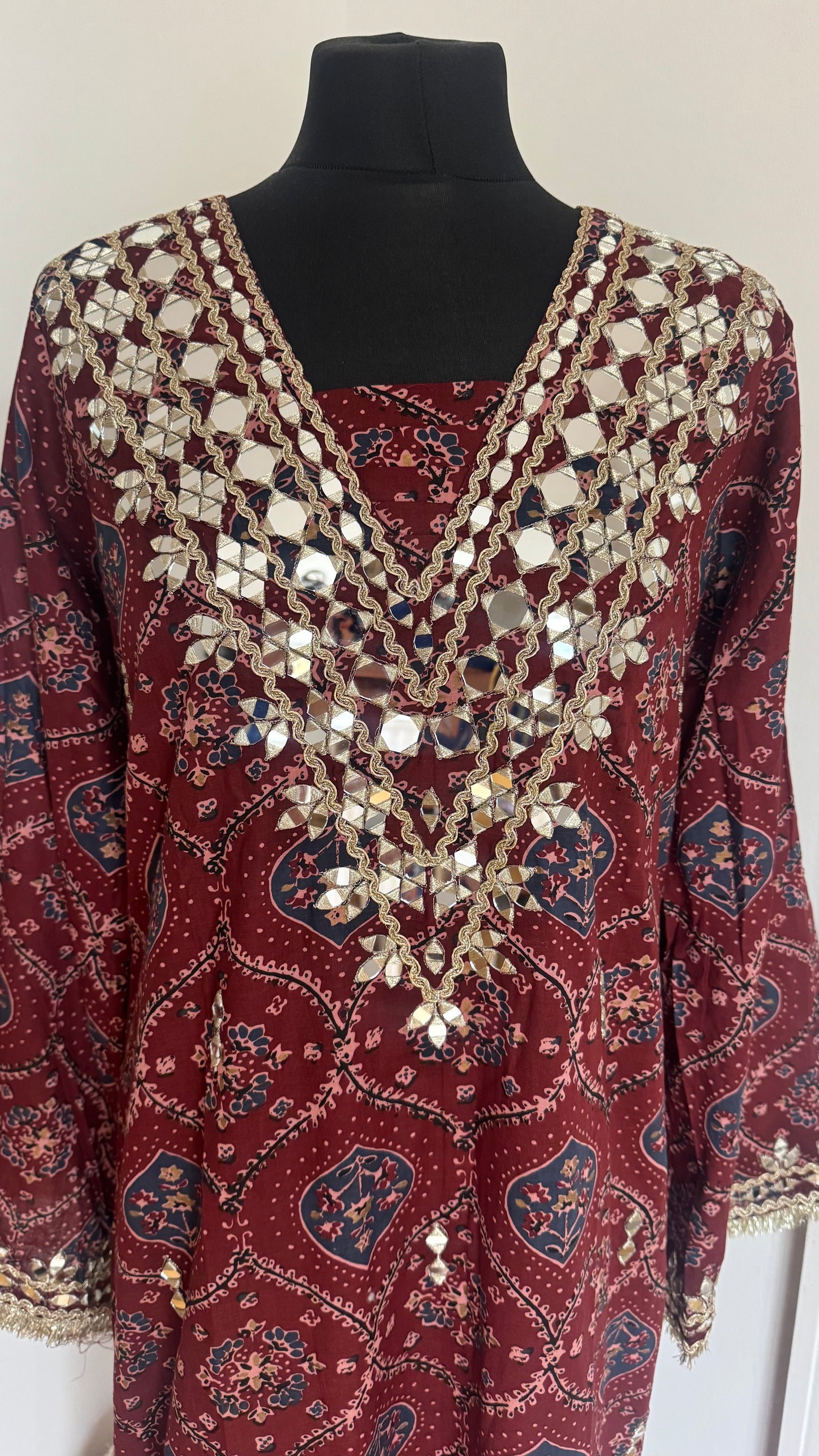 Real Mirror Work Printed Kaftan | Hand Embroidered/ Full Length