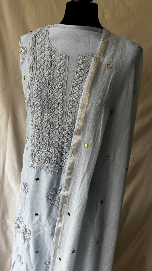 Ice Blue | Hand finished Chikinkari 4 Piece Suit | Unstitched