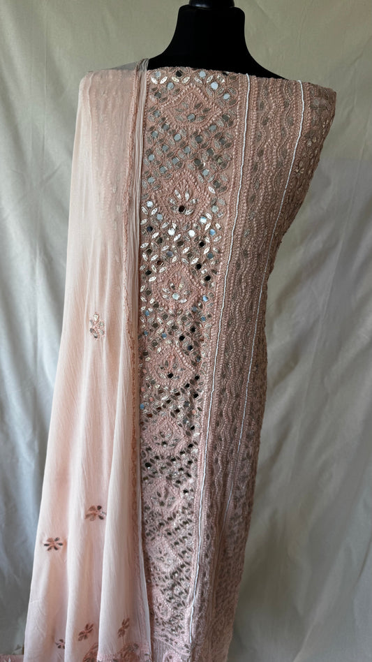 Peach | Hand finished Chikinkari 4 Piece Suit | Unstitched