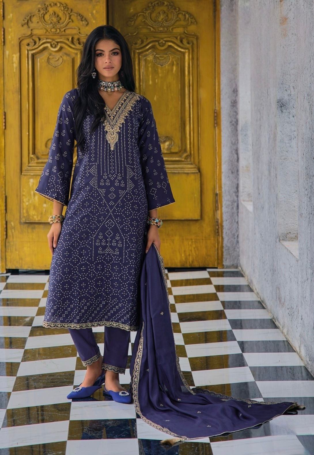 Navy Bandhej Style 3 Piece Suit | Unstitched