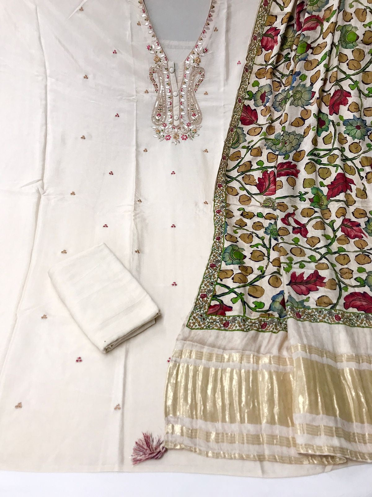 Silk Suit with Gajji Silk Kalamkari Printed Duputta with Zari border