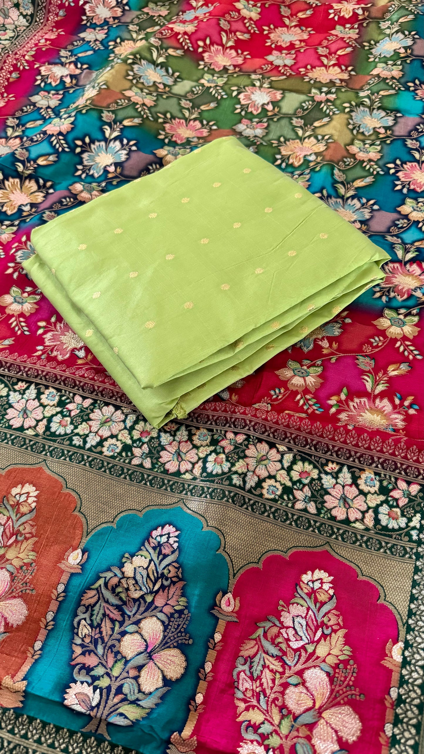 Multi Coloured Printed Dola Silk Duputta with Lime Unstitched Suit