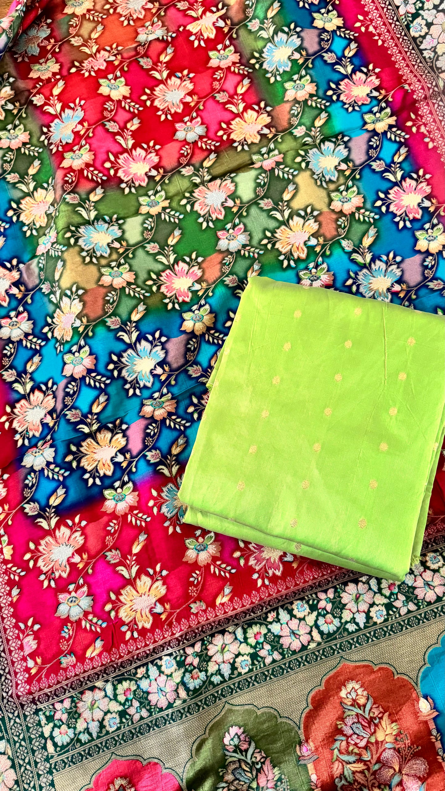 Multi Coloured Printed Dola Silk Duputta with Lime Unstitched Suit