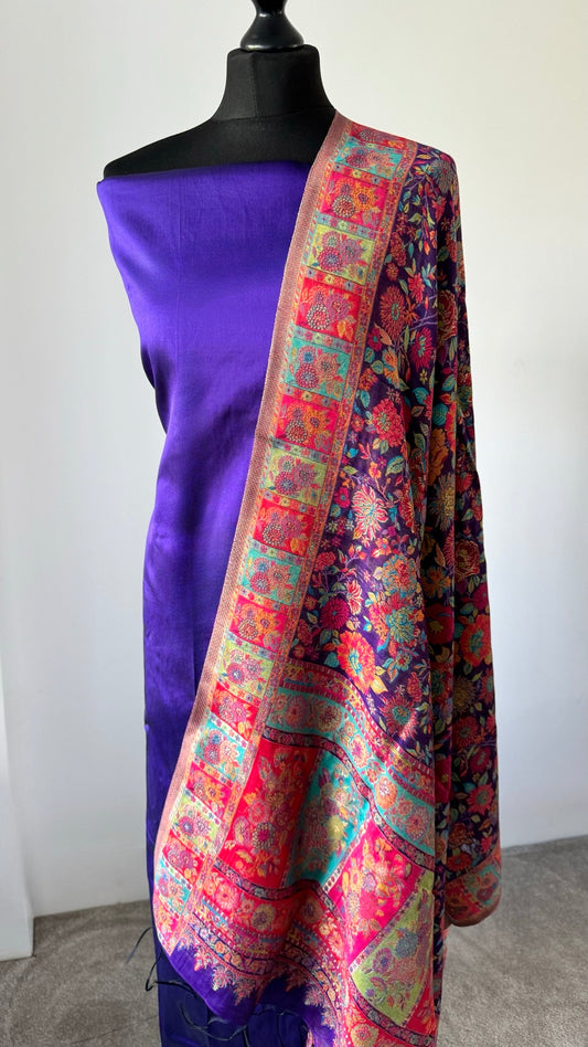 Kani Silk Woven Duputta with Plain Pure Tafta Silk Unstitched Fabric