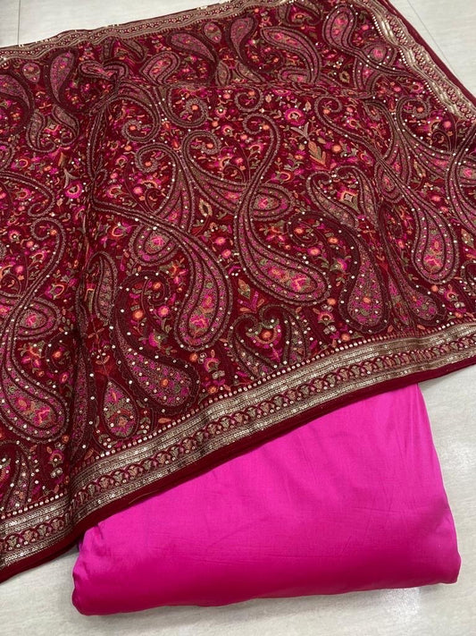 The Rani Collection | Unstitched | Maroon Duputta with Hot Pink